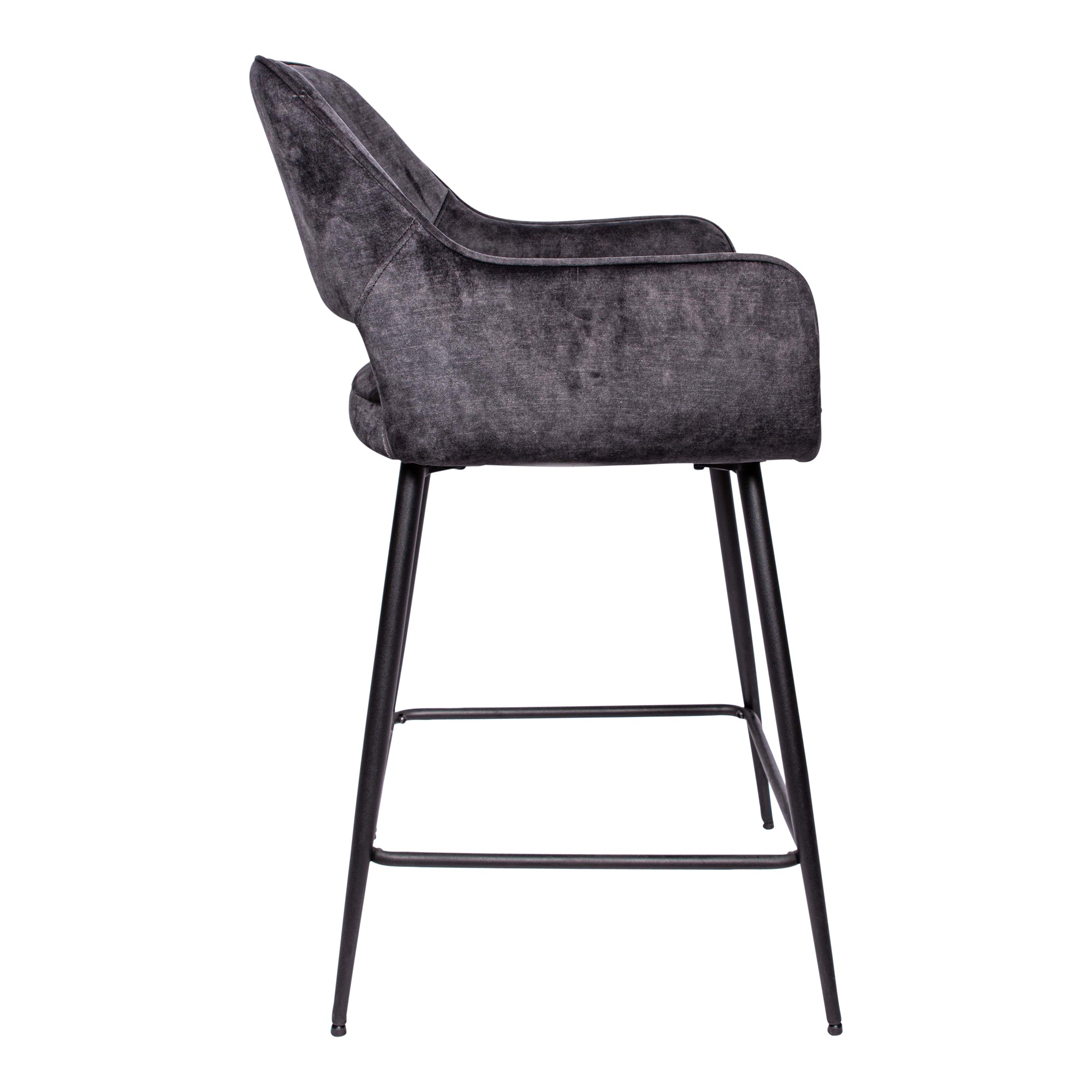 Barstuhl Velvet in Grau mit schwarzem Metallgestell und Armlehnen