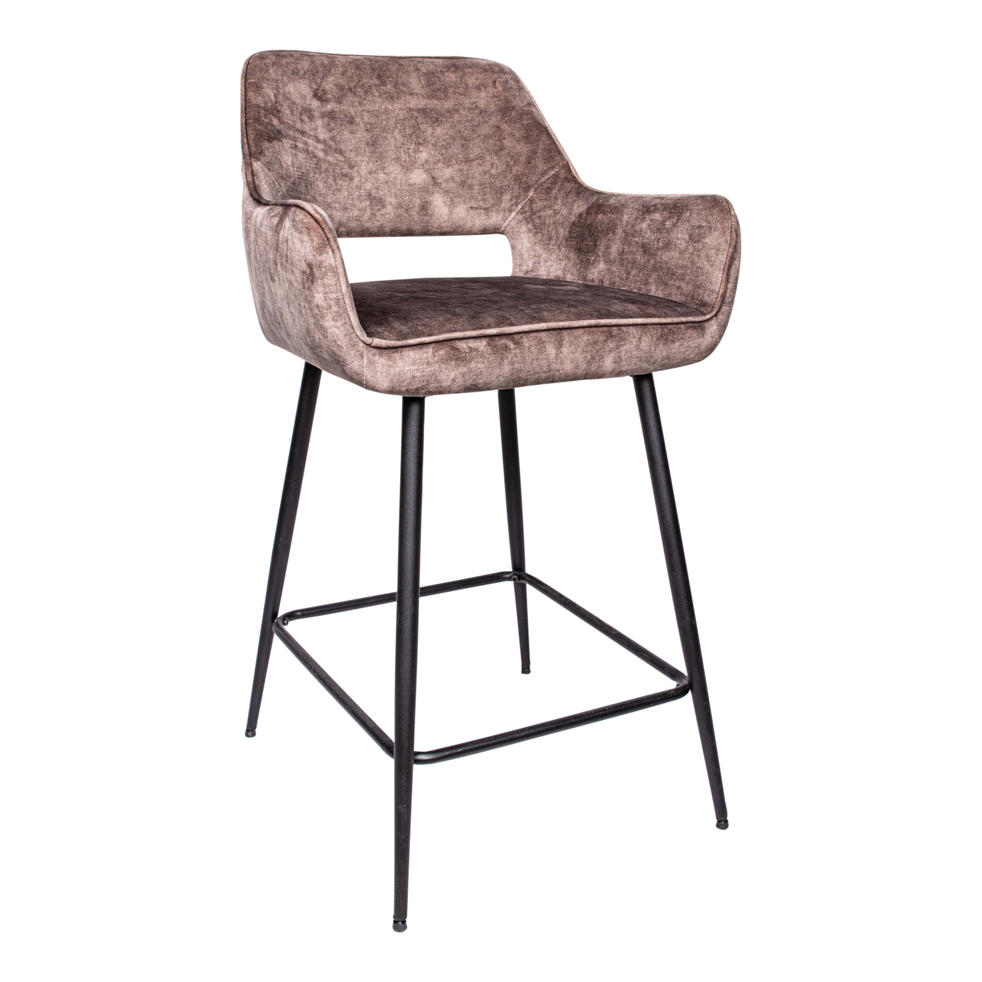 Barstuhl Velvet in Braun mit schwarzem Metallgestell und Armlehnen