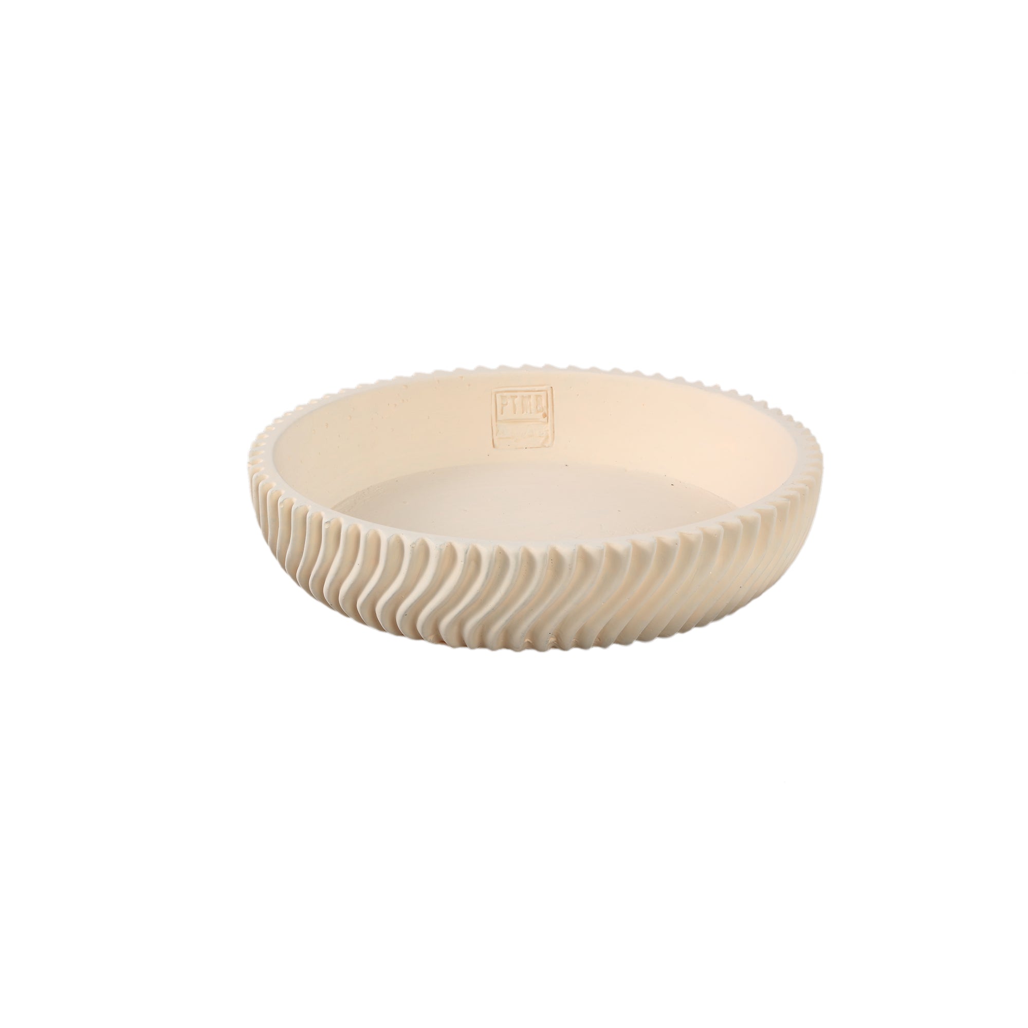 Runde Dekoschale Lianna aus Zement in Cream mit wellenförmigem Linienmuster, Größe S