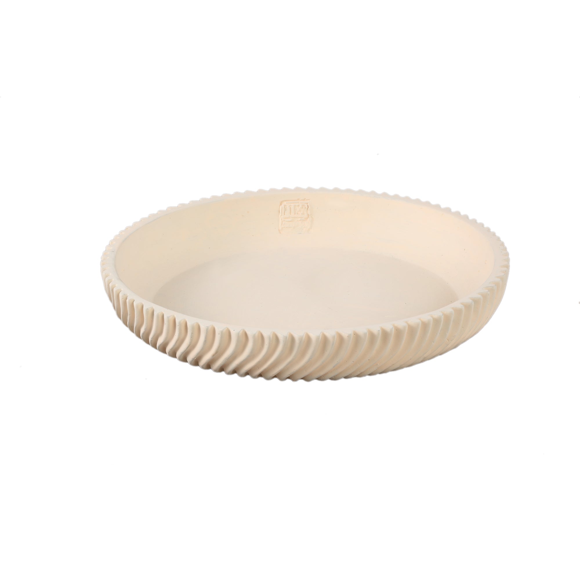 Runde Dekoschale Lianna aus Zement in Cream mit wellenförmigem Linienmuster, Größe M