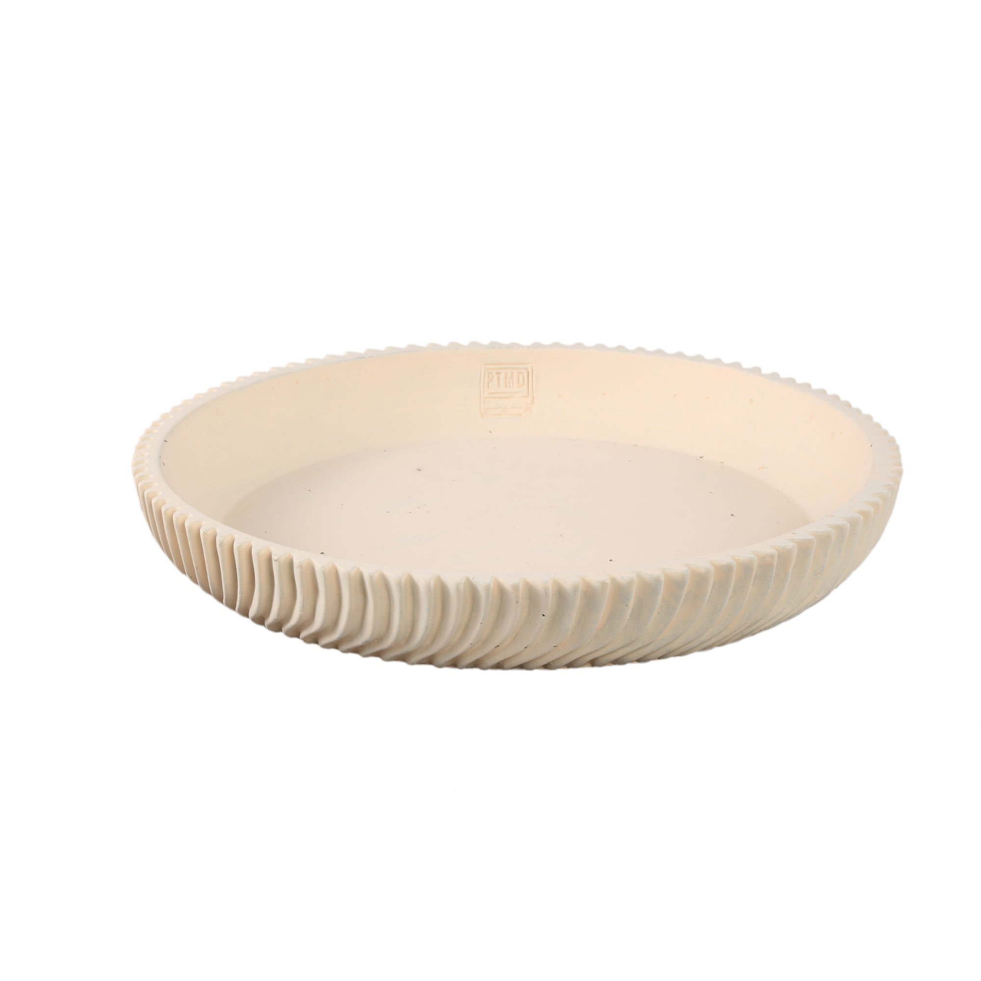Runde Dekoschale Lianna aus Zement in Cream mit wellenförmigem Linienmuster, Größe L