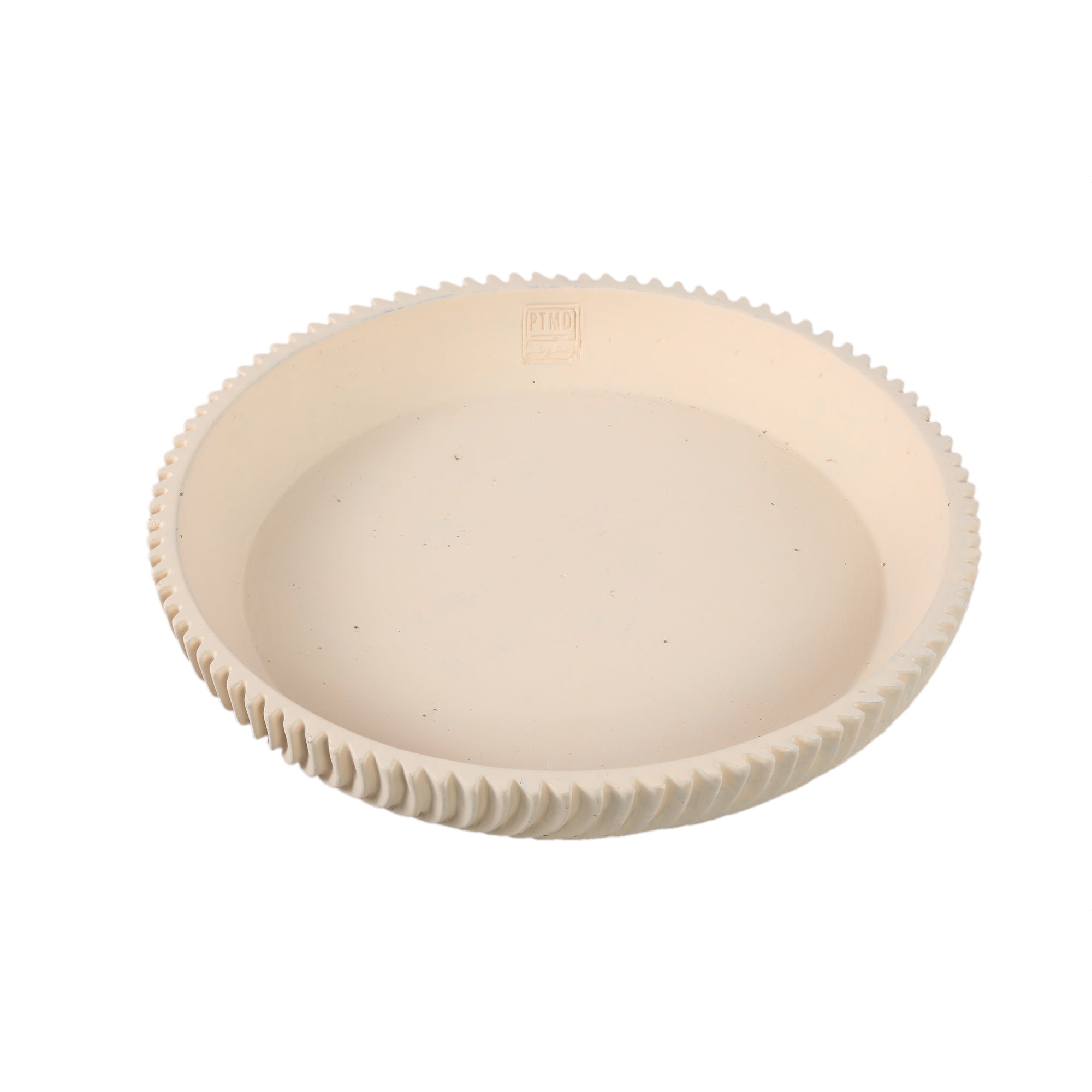 Beige runde Dekoschale mit erhöhtem, spiralförmig geriffeltem Rand