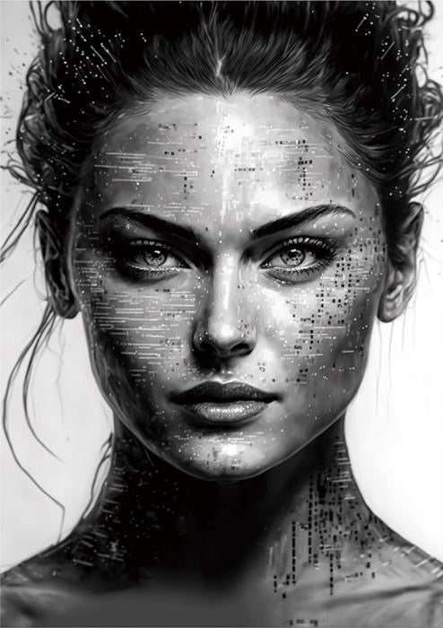 Glasbild PIXEL WOMAN – Schwarzweiß, 110 × 160 cm (nur zur Abholung in unserer Filiale)